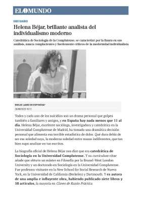 En recuerdo a nuestra compañera Helena Béjar, brillante analista del individualismo moderno. Por Emilio Lamo de Espinosa